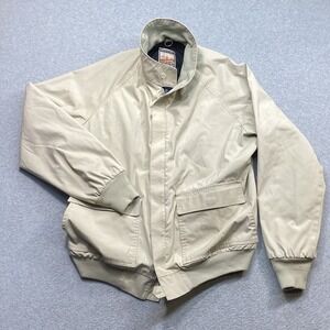 VTG Mighty Mac Beige Bomber Jacket Mens Sz L Zip Up Pockets Mock Neck Distressed